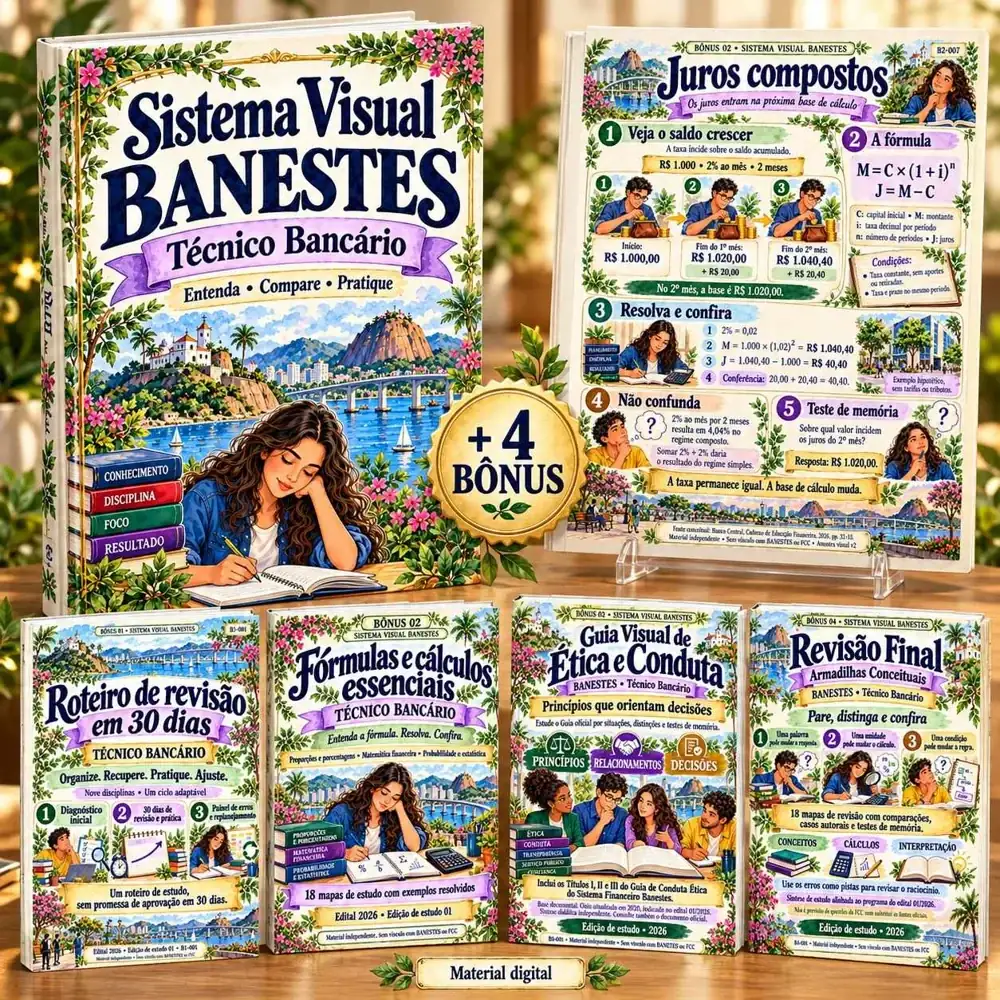 Mockup do Sistema Visual BANESTES com quatro bônus de estudo